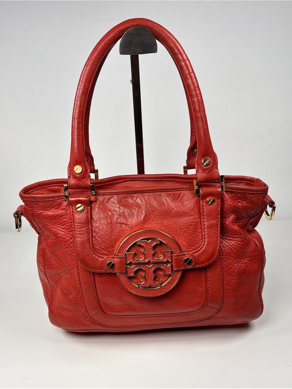 Tory burch Red Orange Amanda - Leather Shoulder Tote Bag with Gold Accents. - Picture 3 of 13